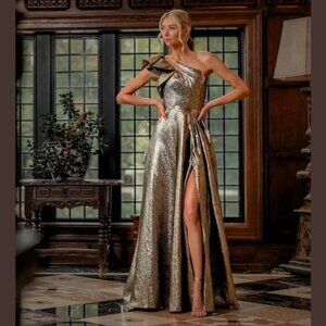 Mac Duggal 67297 Womens Size 6 Gold Metallic Antique Bronze Ballgown Gown Dress‎